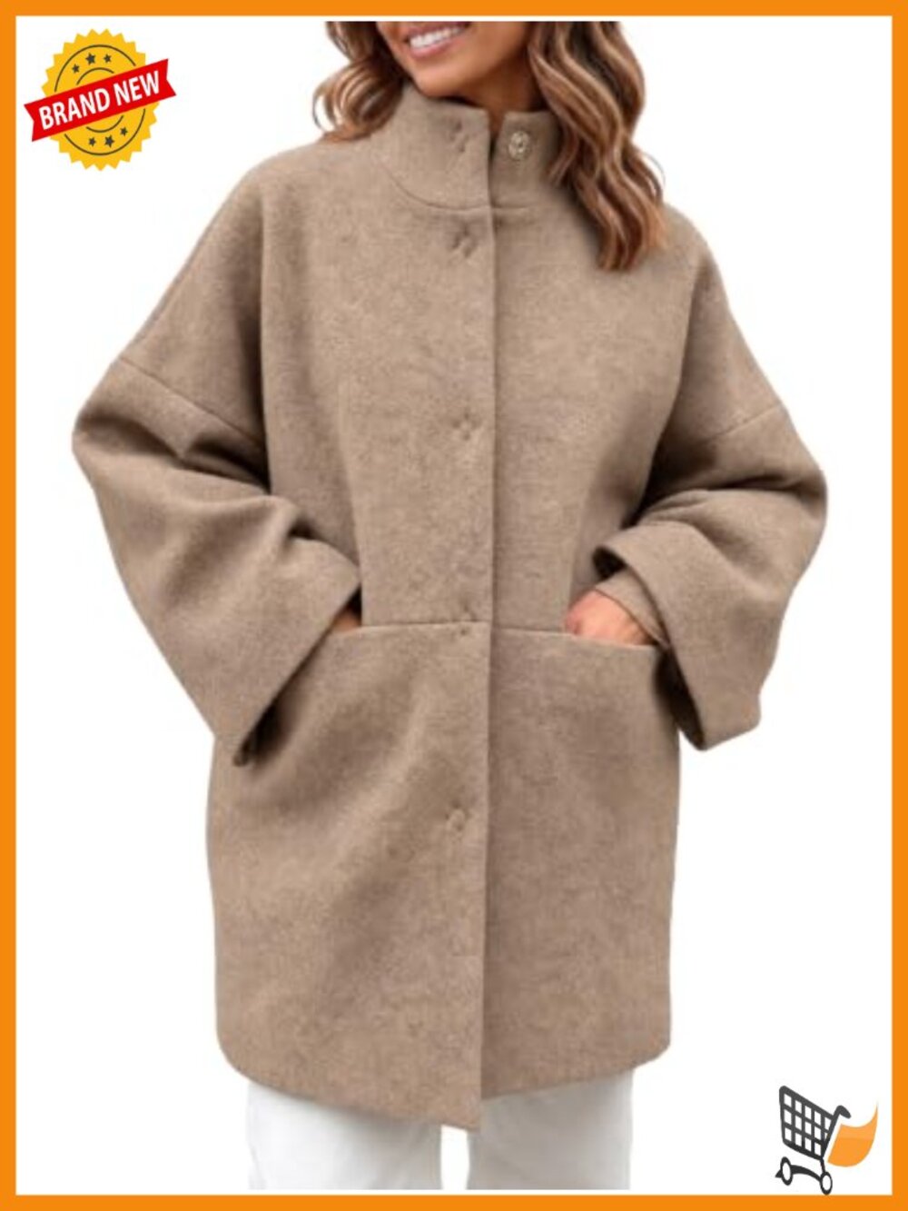 Oversized Wool Blend Coat Stand Collar Mid Length Winter Jacket